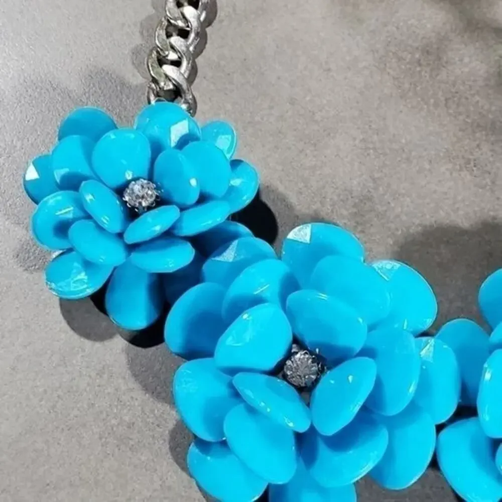 Treska Turquoise Blue 3D Floral Statement Bib Necklace Curb Chain Rhinestone